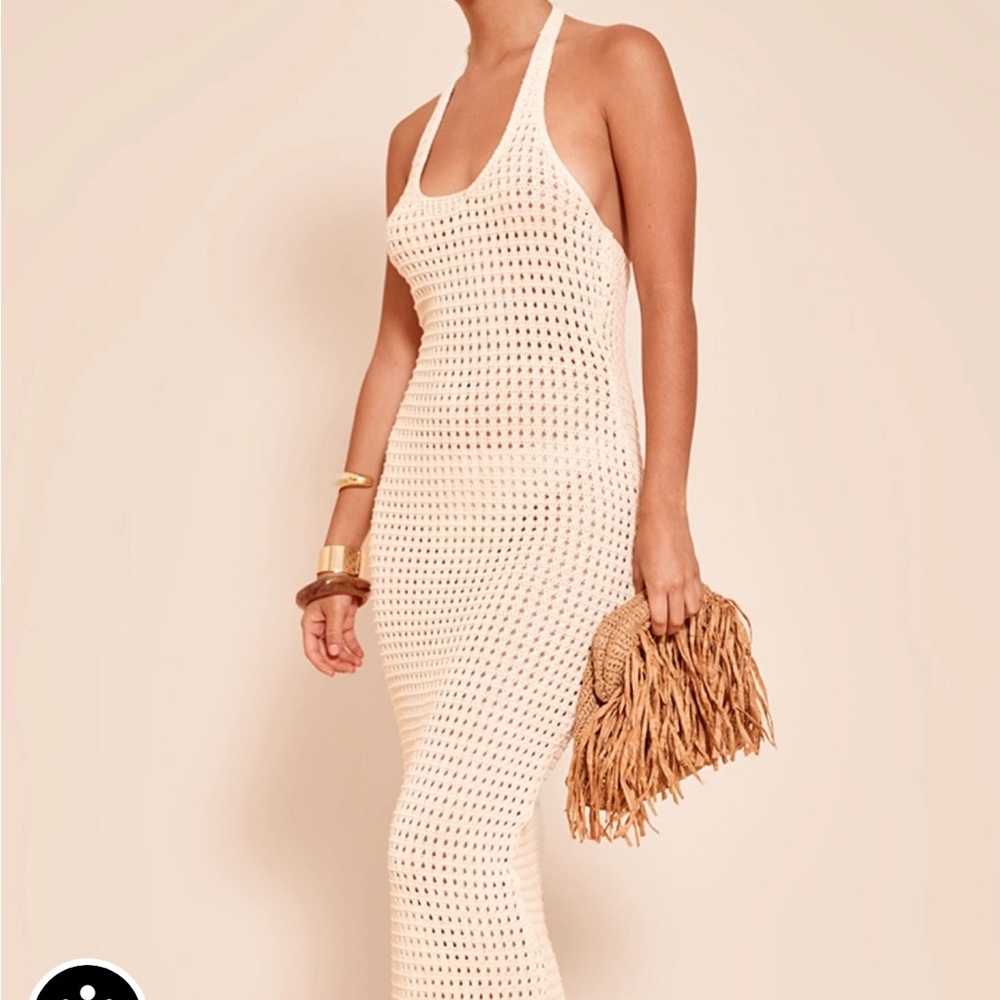 PrettyLittleThing Cream Open-Knit Halter Dress